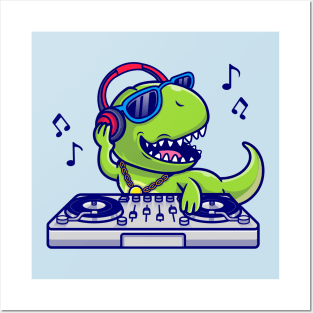 Cute Dinosaur Playing Dj Music Cartoon Posters and Art